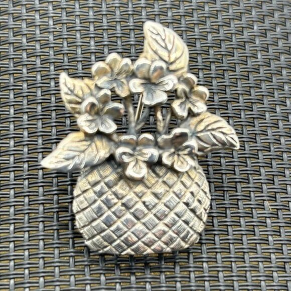 James H. Breakell Jewelry - Sterling Silver Basket of Flowers Pin, James.H. Breakell, Newport, R.I., Signed